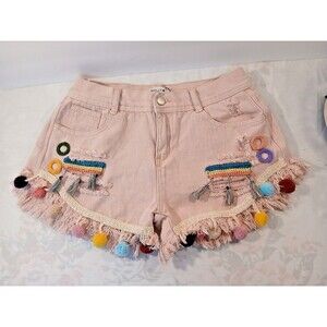 Molly Bracken Pink Shorts Sz S Pom Poms Tassles Distressed Y2k Boho